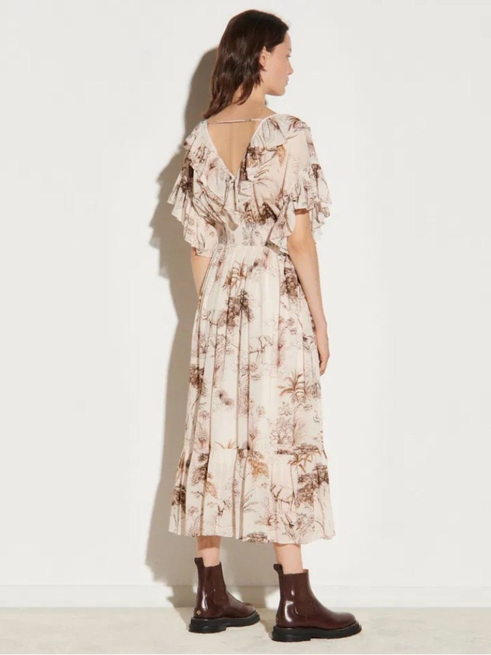 Sandro Ruffled Printed Gauze Midi Dress NWT Ecru FR 36 US 4 Toile Print - Picture 7 of 13